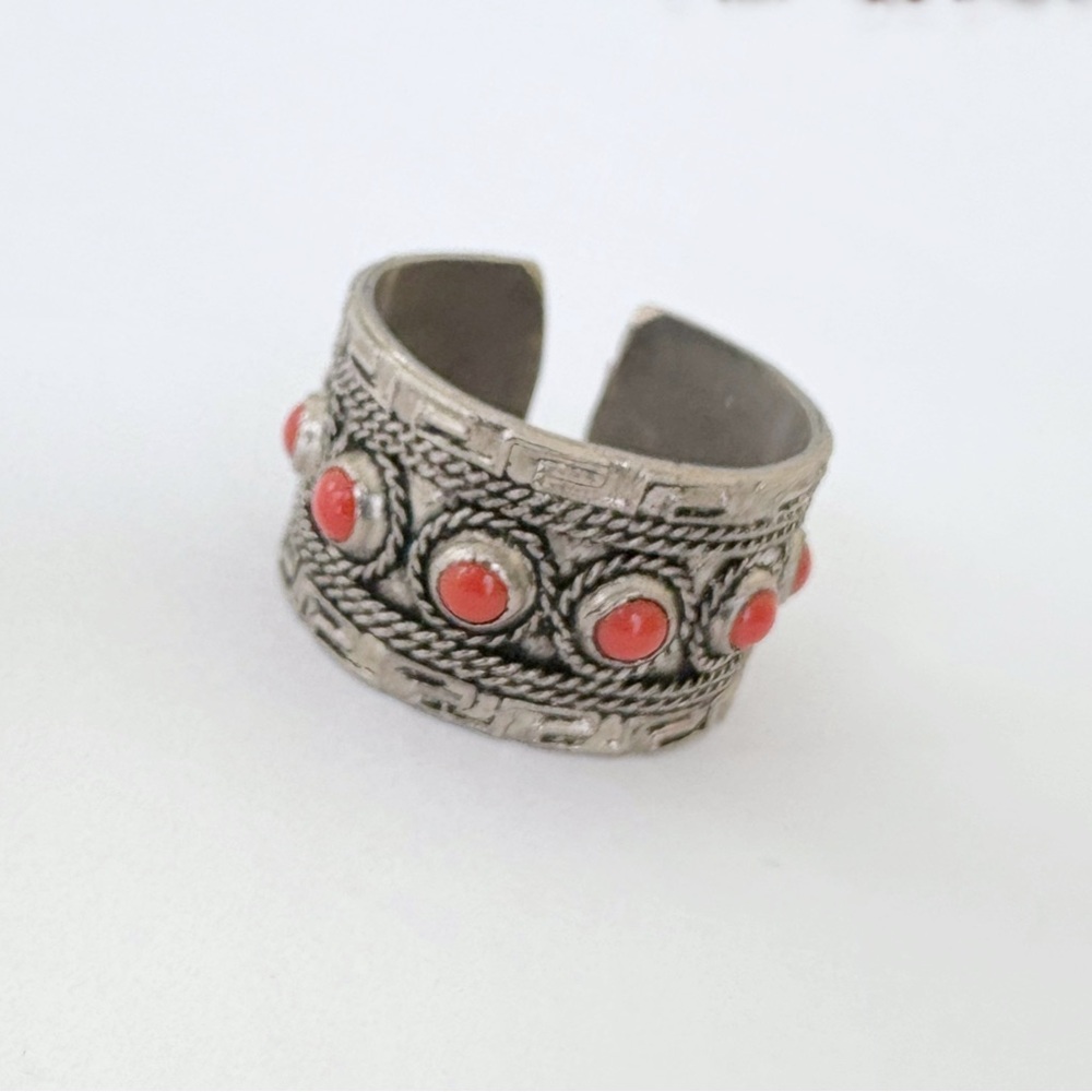 Vintage Mediterranean Pink Red Coral Adjustment Band Tribal Ring